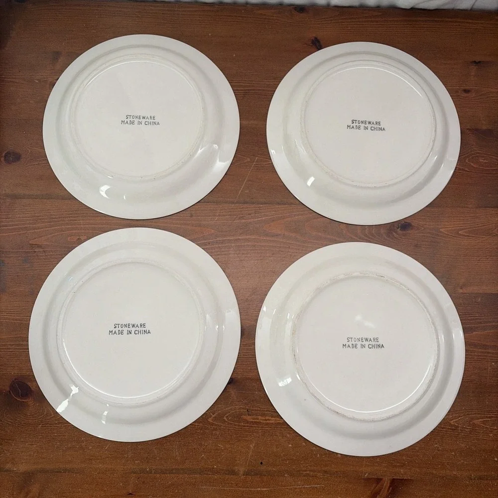 Set/4 Vintage Sunflower Design Dinner Plates, Double Green Trim, Stoneware 10.25